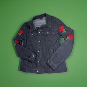 HAODUOYI Women’s XL Black Denim Jacket Embroidered Roses